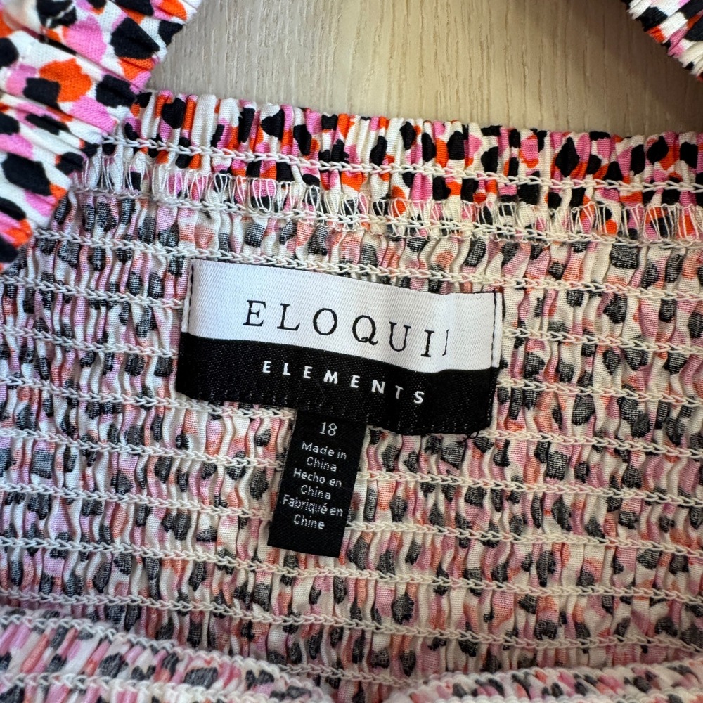 ELOQUII Elements Smocked Bodice Puff Sleeve Dress Pink Black Print 18 Chic - Picture 4 of 15